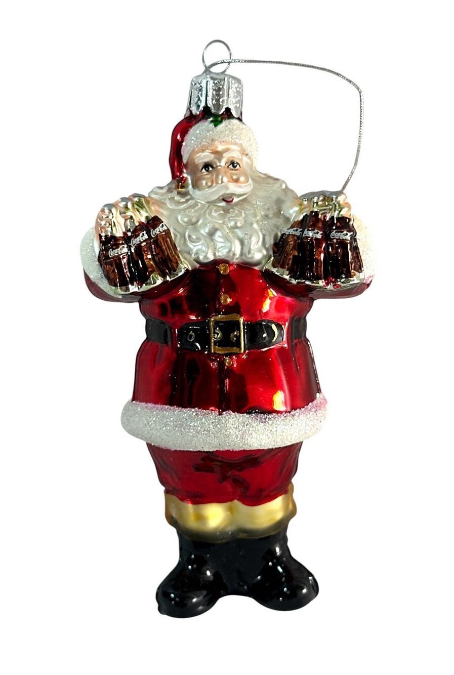 Coca-Cola Santa Glass Christmas Ornament Holding Coke Bottles 5”